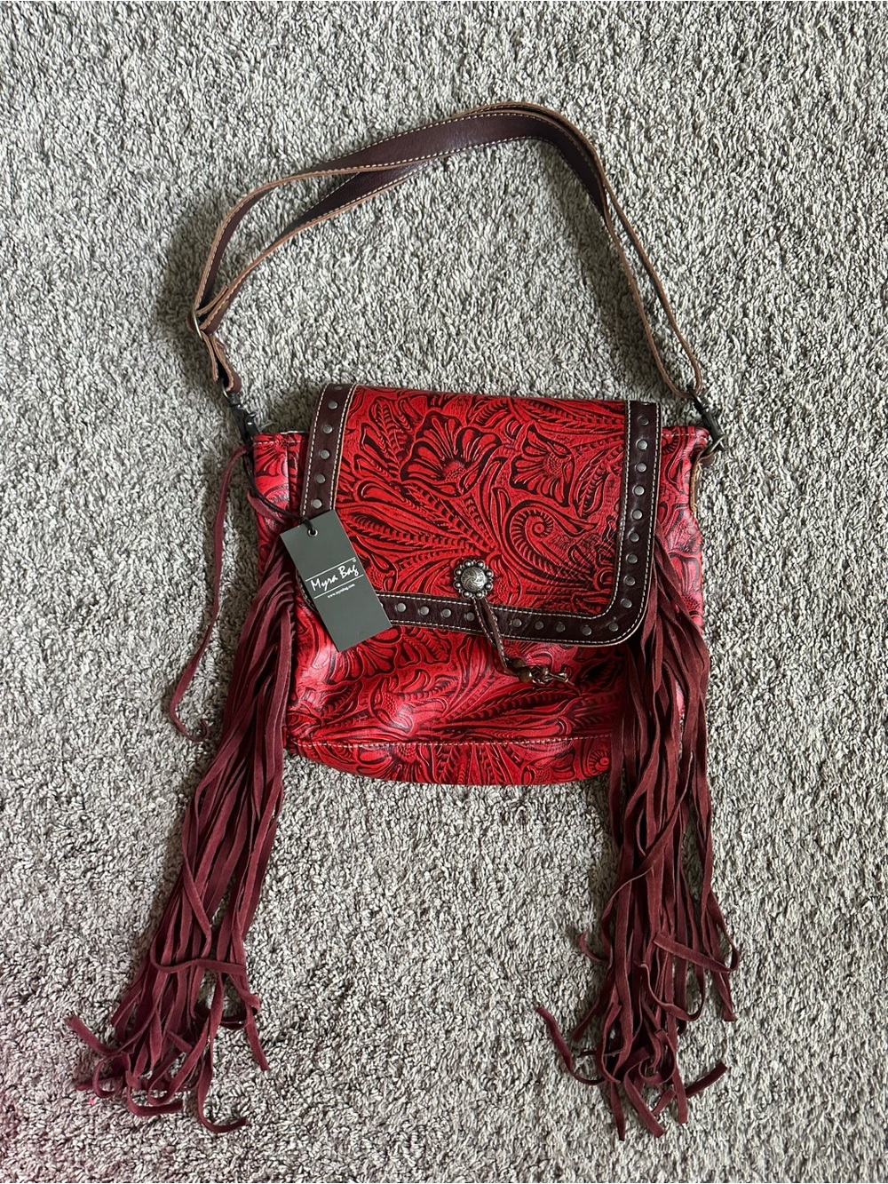 Myra Bag Red Embossed Floral Fringe Studded Shoulder Bag Zip-Around Pockets